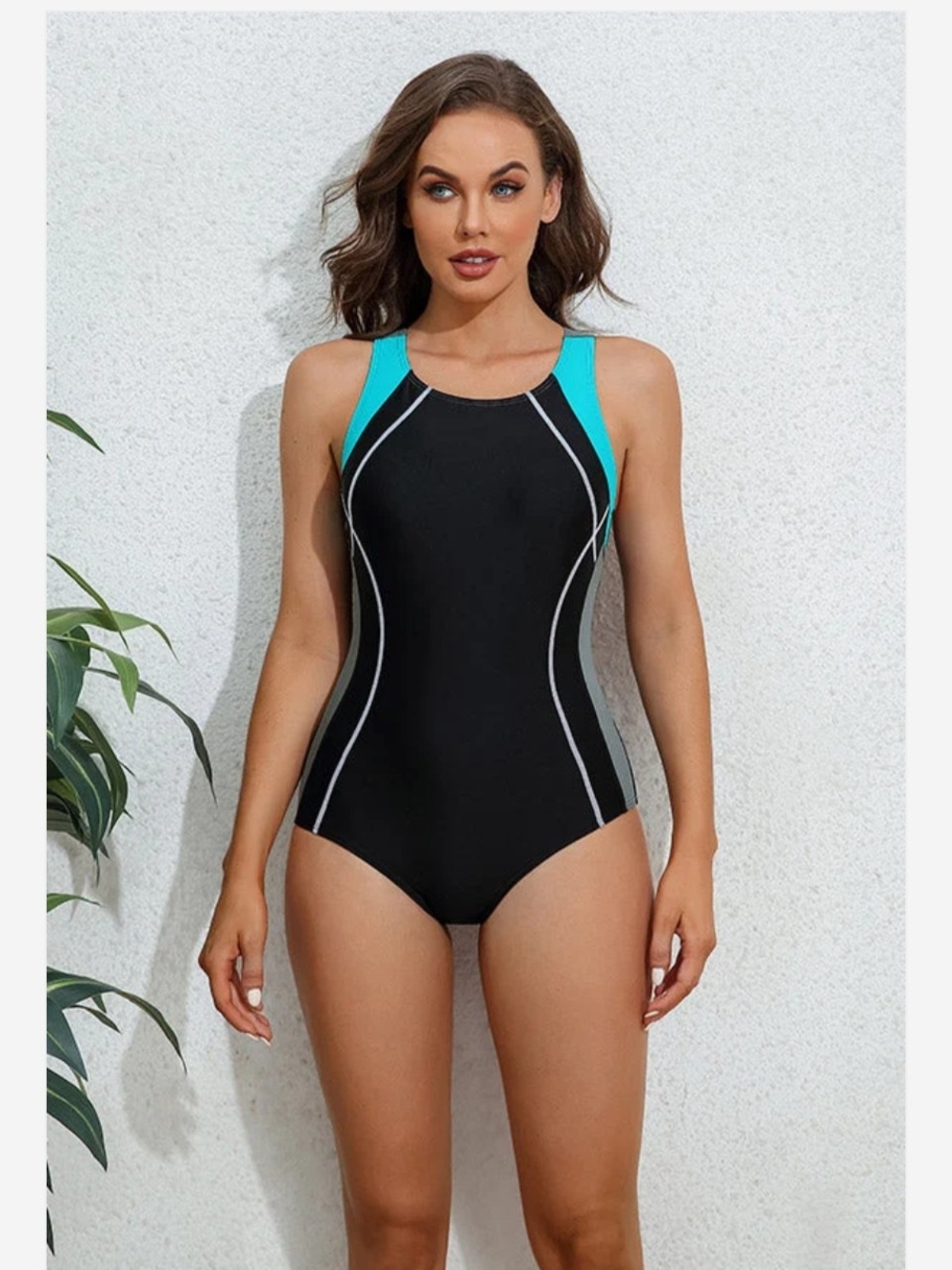 Attraco Black & Teal Performance One-Piece Swimsuit Size M NWT